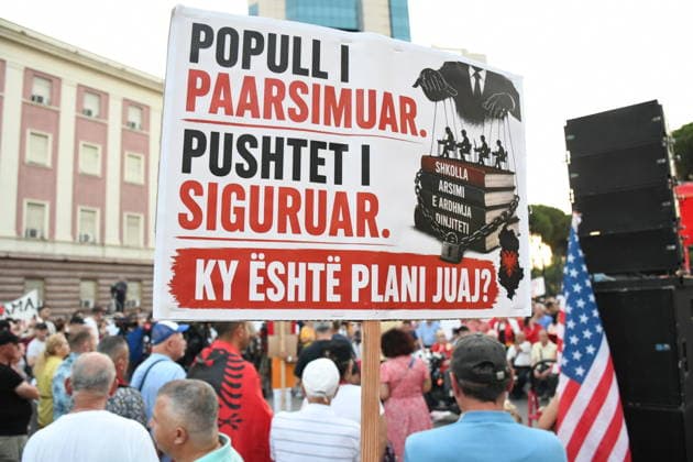 Protests in Albania hit 29th day over controversial Kushner-linked tourism project TIRANA, ALBANIA - JUNE 28: Protesters gather at Skanderbeg Square carrying banners and signs with the slogan Albania is not for sale during a demonstration on its 29th day against a planned tourism project in the Zvernec region of Vlora, in Tirana, Albania on June 28, 2026. Protesters later marched with Albanian flags to the Prime Ministry building on Martyrs of the Nation Boulevard to voice opposition against the sale of a coastal area in Zvernec, which is allegedly linked to Jared Kushner and Ivanka Trump, daughter of US President Donald Trump. Olsi Shehu Anadolu Tirana Albania. Editorial use only. Please get in touch for any other usage.  Copyright: x2026xAnadoluxOlsixShehux