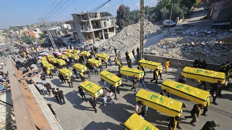 Symbolic funeral held for 61 Hezbollah members killed in Israeli attacks NABATIEH, LEBANON - JUNE 28: People attend a symbolic funeral ceremony for 61 Hezbollah members killed in Israeli attacks, in Dweir village of Nabatieh Governorate, southern Lebanon on June 28, 2026. Mohamad Zanaty Anadolu Nabatieh Lebanon. Editorial use only. Please get in touch for any other usage.  Copyright: x2026xAnadoluxMohamadxZanatyx