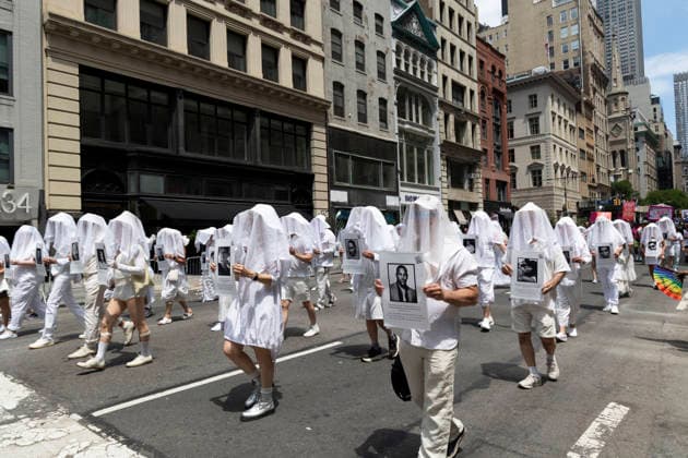 June 28, 2026, New York, New York, USA: The 57th annual NYC Pride March proceeds down Fifth Avenue from Midtown to Greenwich Village. Grand Marshal Gays Against Guns march with 49 Human Beings representing those lost to gun violence. The direct action group was founded in response to the loss of 49 lives at Pulse Nightclub on June 12, 2016. The theme of Pride For All of Us honors the legacy of activist Marsha P. Johnson. New York USA  - ZUMAr174 20260628_znp_r174_020 Copyright: xGinaxMxRandazzox