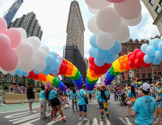 A rainbow of balloons at the start of the 2026 New York City Gay Pride Parade on Fifth Avenue on Sunday, June 28, 2026 in New York City.  NYP20260628303 PorterxBinks