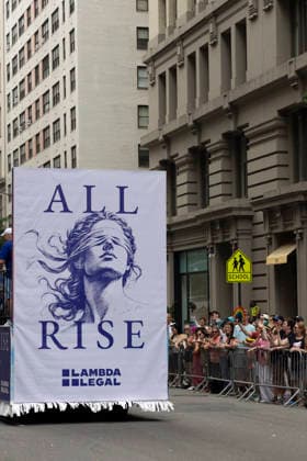 June 28, 2026, New York, New York, USA: A float reads ALL RISE LAMBDA LEGAL at the 57th annual NYC Pride March as it proceeds down Fifth Avenue from Midtown to Greenwich Village. The theme For All of Us honors the legacy of activist Marsha P. Johnson. New York USA - ZUMAr174 20260628_znp_r174_040 Copyright: xGinaxMxRandazzox