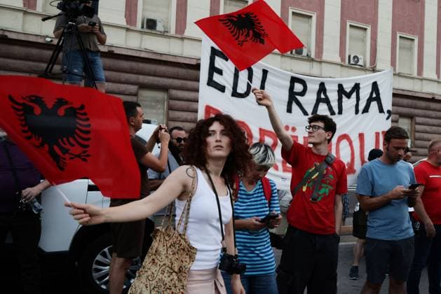 Day 29 Protest in Albania TIRANA, ALBANIA JUNE 28, 2026: Demonstrators gathered in central Tirana during the twenty-ninth consecutive day of protests against a proposed luxury tourism development project linked to Jared Kushner. Participants marched to the Prime Minister™s Office carrying banners, placards and Albanian flags while repeating calls for the cancellation of the project and political accountability. The demonstrations have continued on a daily basis since the end of May. Tirana Albania Copyright: x xVlasovxSulajx xJNAxPressx