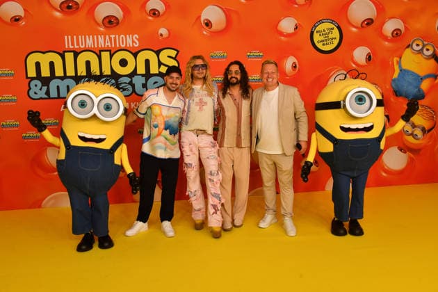 Dominik Porschen, Bill und Tom Kaulitz und Jens Knossala Deutschlandpremiere Minions &Monster Mathäser Filmpalast München 28. Juni 2026 *** Dominik Porschen, Bill and Tom Kaulitz, and Jens Knossala; German premiere of *Minions: Monster Mathäser* at the Filmpalast in Munich on June 28, 2026