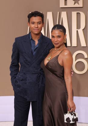 (L-R) Jaafar Jackson and Nia Long arrive on the red carpet for 26th annual BET Awards live telecast at the Peacock Theater in Los Angeles on Sunday, June 28, 2026. The BET Awards honors Black entertainers and other people of color in music, film, sports and philanthropy.  LAP20260628288 GREGxGRUDT