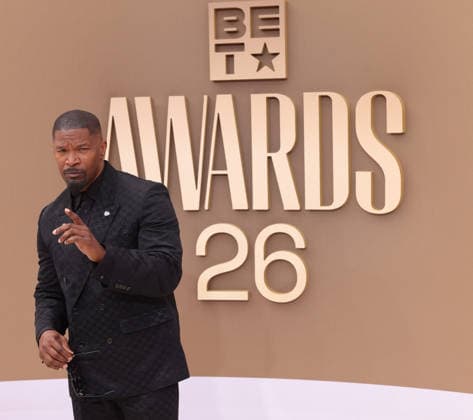 Jamie Foxx arrives on the red carpet for 26th annual BET Awards live telecast at the Peacock Theater in Los Angeles on Sunday, June 28, 2026. The BET Awards honors Black entertainers and other people of color in music, film, sports and philanthropy.  LAP20260628312 GREGxGRUDT