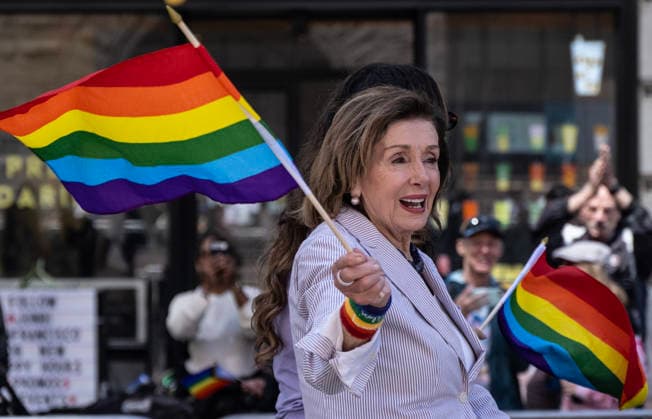 Representive Nancy Pelosi, D-CA, rides up Market Street in the annual LGBTQ Pride Parade in San Francisco on Sunday, Junne 28, 2026. Tens of thousands turned out to watch and participate in the spectacle.  SXP2026062813 TERRYxSCHMITT
