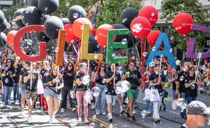 A contingent from the Gilead marches up Market Street in the annual LGBTQ Pride Parade in San Francisco on Sunday, Junne 28, 2026. Tens of thousands turned out to watch and participate in the spectacle.  SXP2026062814 TERRYxSCHMITT