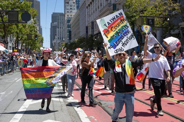 A contingent from Tiawan marches up Market Street in the annual LGBTQ Pride Parade in San Francisco on Sunday, Junne 28, 2026. Tens of thousands turned out to watch and participate in the spectacle.  SXP2026062821 TERRYxSCHMITT