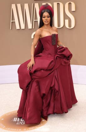 Teyana Taylor arrives on the red carpet for 26th annual BET Awards live telecast at the Peacock Theater in Los Angeles on Sunday, June 28, 2026. The BET Awards honors Black entertainers and other people of color in music, film, sports and philanthropy.  LAP20260628386 GREGxGRUDT