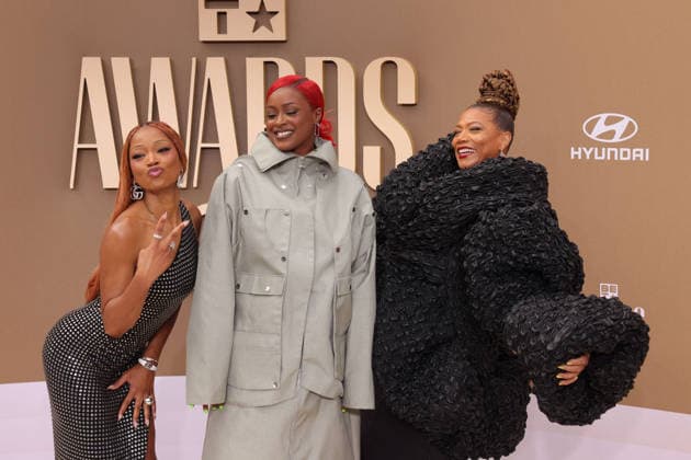 (L-R) Keke Palmer, Tierra Whack and Queen Latifah arrive on the red carpet for 26th annual BET Awards live telecast at the Peacock Theater in Los Angeles on Sunday, June 28, 2026. The BET Awards honors Black entertainers and other people of color in music, film, sports and philanthropy.  LAP20260628389 GREGxGRUDT