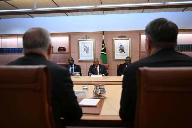 JOTHAM NAPAT AUSTRALIA VISIT, Prime Minister of Vanuatu Jotham Napat delivers remarks on top of the Australia Vanuatu Leaders™ Meeting with Australian Prime Minister Anthony Albanese during a visit to Australia, Parliament House in Canberra, Monday, June 29, 2026. ( NO ARCHIVING CANBERRA AUSTRALIAN CAPITAL TERRITORY AUSTRALIA  Copyright: xLUKASxCOCHx 20260629164293920342