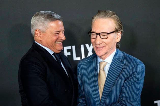 Ted Sarandos and Bill Maher arrive on the red carpet before the 27th Mark Twain Prize for American Humor Award at the Kennedy Center for the Performing Arts in Washington DC on Sunday, June 28, 2026.  WAP20260628359 BONNIExCASH