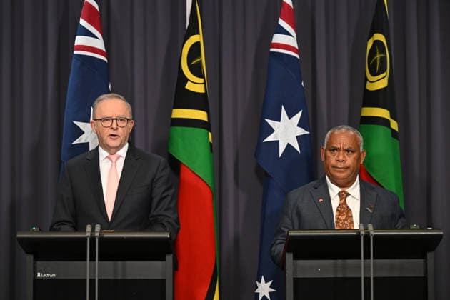 JOTHAM NAPAT AUSTRALIA VISIT, Prime Minister of Vanuatu Jotham Napat and Australian Prime Minister Anthony Albanese speak to the media during a press conference after signing the Nakamal agreement at Parliament House in Canberra, Monday, June 29, 2026. ( NO ARCHIVING CANBERRA AUSTRALIAN CAPITAL TERRITORY AUSTRALIA  Copyright: xLUKASxCOCHx 20260629183316971688