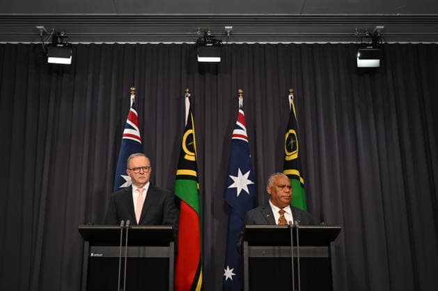 JOTHAM NAPAT AUSTRALIA VISIT, Australian Prime Minister Anthony Albanese speaks to the media during a press conference after signing the Nakamal agreement with Prime Minister of Vanuatu Jotham Napat at Parliament House in Canberra, Monday, June 29, 2026. ( NO ARCHIVING CANBERRA AUSTRALIAN CAPITAL TERRITORY AUSTRALIA  Copyright: xLUKASxCOCHx 20260629188099302847