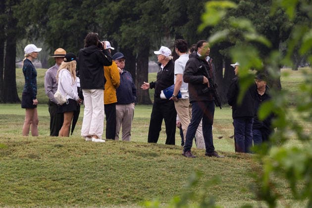 June 28, 2026, Washington, District Of Columbia, USA: United States Secretary of the Interior and Chair, National Energy Council and White House Energy Czar Doug Burgum, and US President Donald J Trump, at East Potomac Golf Links in Washington, DC, US, on Sunday, June 28, 2026. Trump has taken a number of steps to reshape the nation s capital in his second term, including demolishing the White House East Wing to make way for a new ballroom, planning for the construction of a new triumphal arch, pledging to renovate the John F. Kennedy Center for the Performing Arts, and terminating a contract to run a trio of public golf courses in Washington. Natalie Harp, Executive Assistant to the President joins the tour at far left Washington USA - ZUMAs152 20260628_faa_s152_002 Copyright: xTierneyxLxCrossx-xPoolxviaxCNPx