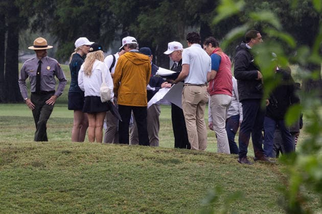 June 28, 2026, Washington, District Of Columbia, USA: United States Secretary of the Interior and Chair, National Energy Council and White House Energy Czar Doug Burgum, and US President Donald J Trump, at East Potomac Golf Links in Washington, DC, US, on Sunday, June 28, 2026. Trump has taken a number of steps to reshape the nation s capital in his second term, including demolishing the White House East Wing to make way for a new ballroom, planning for the construction of a new triumphal arch, pledging to renovate the John F. Kennedy Center for the Performing Arts, and terminating a contract to run a trio of public golf courses in Washington. Natalie Harp, Executive Assistant to the President joins the tour at second left Washington USA - ZUMAs152 20260628_faa_s152_004 Copyright: xTierneyxLxCrossx-xPoolxviaxCNPx
