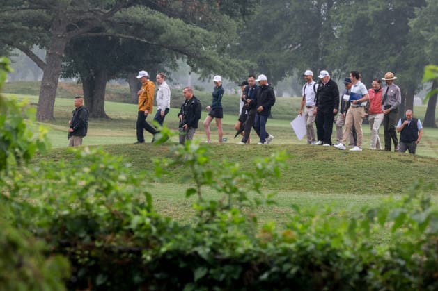 June 28, 2026, Washington, District Of Columbia, USA: United States Secretary of the Interior and Chair, National Energy Council and White House Energy Czar Doug Burgum, second left, and US President Donald J Trump, center right, at East Potomac Golf Links in Washington, DC, US, on Sunday, June 28, 2026. President Trump has taken a number of steps to reshape the nation™s capital in his second term, including demolishing the White House East Wing to make way for a new ballroom, planning for the construction of a new triumphal arch, pledging to renovate the John F. Kennedy Center for the Performing Arts, and terminating a contract to run a trio of public golf courses in Washington. Natalie Harp, Executive Assistant to the President joins t - ZUMAs152 20260628_faa_s152_013 Copyright: xTierneyxLxCrossx-xPoolxviaxCNPx