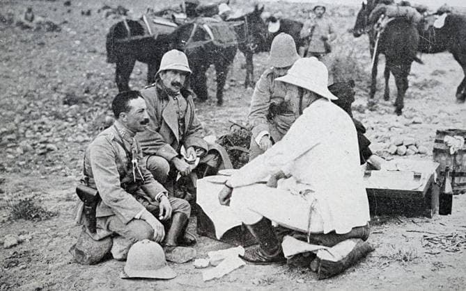 RECORD DATE NOT STATED Photograph of war General Burguete in Africa Photograph of war General Burguete in Africa, with his assistant and Chief of Staff. Editorial use only. All other uses to be cleared with the copyright owner (World History Archive), in advance., WHA_128_0468.jpg, War General; Burguete; Africa; Assistant; Chief of Staff; Military; Army; Soldiers; Uniform; Leadership; Command; Strategy; Tactical; Battle; Conflict; Warzone; African; Expedition; Mission; Troops; Allies; Victory; Courage; Honor; Bravery; Alliance; Campaign; Combat; Frontline; Commanding Officer; Military Operation. Copyright: xWorldxHistoryxArchivex