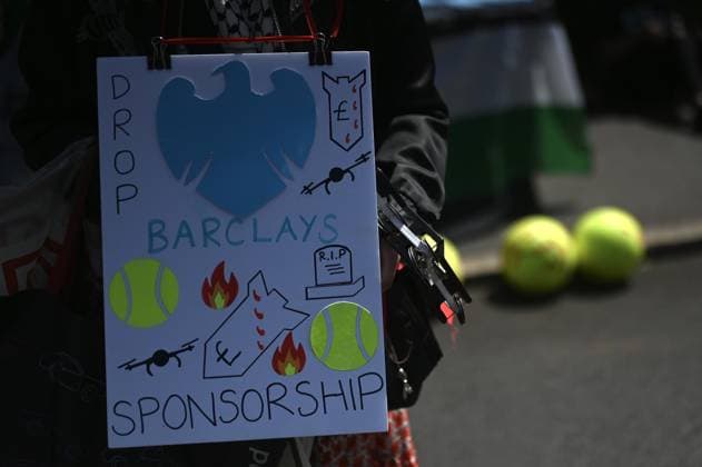 Pro-Palestinian protest held outside Wimbledon on opening day in London LONDON, UNITED KINGDOM - JUNE 29: Pro-Palestinian demonstrators gather outside the All England Lawn Tennis and Croquet Club on the opening day of the Wimbledon Championships in London, United Kingdom, on June 29, 2026. Demonstrators protested against financing by the bank of companies producing weapons and military technology sold to Israel and expressed support for Palestine. Rasid Necati Aslim Anadolu London United Kingdom. Editorial use only. Please get in touch for any other usage.  Copyright: x2026xAnadoluxRasidxNecatixAslimx