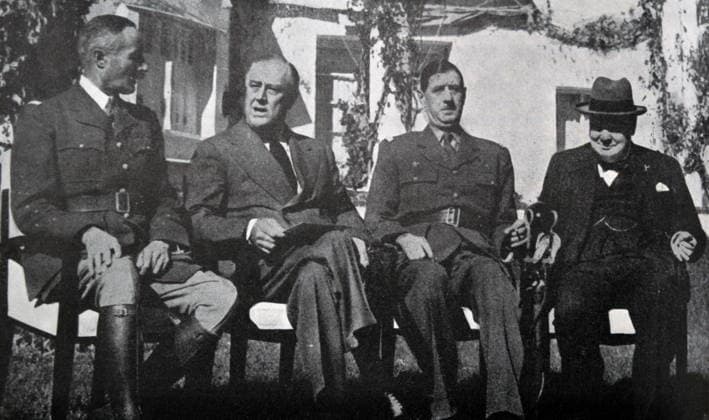 RECORD DATE NOT STATED Conference of Casablanca Black and white photograph of World War II (1939-1945); Photograph of four men seated at the Casablanca Conference: French General Henri Giraud (1879-1949), US President Franklin D. Roosevelt (1882-1945), French General Charles de Gaulle (1890-1970) and British Prime Minister Sir Winston Churchill (1874-1965), in January 1943. Editorial use only. All other uses to be cleared with the copyright owner (World History Archive), in advance., WHA_134_0585.jpg, World War II; Casablanca Conference; Henri Giraud; Franklin D. Roosevelt; Charles de Gaulle; Winston Churchill; 1939-1945; January 1943; black and white photograph; historical meeting; military leaders; political leaders; allies; World War II Copyright: xWorldxHistoryxArchivex