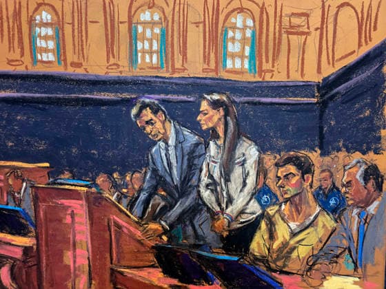 Photograph of a drawing by artist Jane Rosenberg showing Assistant U.S. Attorney Dominic Gentile (L) speaking alongside Luigi Mangione (2-R) and his defense attorneys Karen Friedman Agnifilo (2-L) and Marc Agnifilo during a hearing at a court in New York, United States, 29 June 2026. Federal Judge Margaret Garnett decided to postpone the start of the trial against Luigi Mangione, who is accused of murdering Brian Thompson, CEO of UnitedHealthcare, until early January 2027 to avoid a conflict with his state trial. Federal judge postpones the start of Luigi Mangione s trial until January !ACHTUNG: NUR REDAKTIONELLE NUTZUNG!  Copyright: xJanexRosenbergx USA1948 20260629-55020748914_1