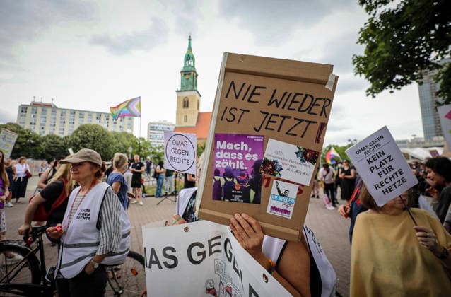 June 29, 2026, Berlin, Berlin, Germany: BERLIN, GERMANY Ã¢â‚¬ JUNE 29, 2026: Counter-demonstrators gather at Alexanderplatz during a protest against the far-right Alternative for Germany (AfD) party, while AfD supporters hold a nearby rally under a heavy police presence. Demonstrators carried banners calling for a ban on the AfD, anti-fascist slogans, LGBTQ+ pride flags and anti-racism messages as officers separated the opposing groups in central Berlin. ZUMA Press Wire Berlin Germany - ZUMAa268 20260629_zip_a268_012 Copyright: xAbdelrahmanxAlkahloutx