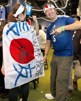 Japanese supporters pose for camera during the public viewing for the FIFA World Cup 2026 match between Japan and Brazil at the JFA(Japan Football Association) soccer culture hub blue-ing! in Tokyo, Japan on Tuesday, June 30, 2026.  TKP2026063002 KEIZOxMORI