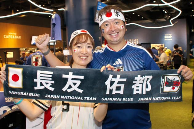 Japanese supporters pose for camera during the public viewing for the FIFA World Cup 2026 match between Japan and Brazil at the JFA(Japan Football Association) soccer culture hub blue-ing! in Tokyo, Japan on Tuesday, June 30, 2026.  TKP2026063003 KEIZOxMORI