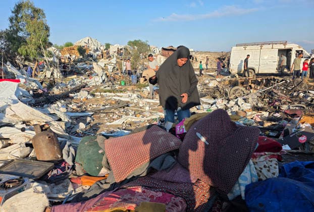 Displaced Families Inspect Damage After Israeli Airstrike in al-Mawasi Palestinian displaced families inspect damage to their tents and belongings following an Israeli airstrike that targeted a camp for displaced people in the al-Mawasi area of Khan Younis, southern Gaza Strip, on June 30, 2026. The Israeli army carried out the strike despite a ceasefire, causing extensive damage across the area. Photo by Tariq Mohammad APA Images Khan Yunis Gaza Strip Palestinian Territory 300626_Khan_Yunis_TM_00(35) Copyright: xapaimagesxTariqxMohammad xapaimagesx