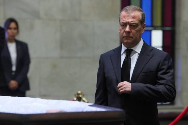 Russia Former Defence Minister Ivanov Death 9197824 30.06.2026 Deputy Chairman of the Russian Security Council and leader of the United Russia political party Dmitry Medvedev attends a farewell ceremony for former Russian DefenÑe Minister Sergei Ivanov, who died at the age of 73 on June 26, at the Central Clinical Hospital ahead of his funeral in Moscow, Russia. Mikhail Metzel Sputnik Moscow Russia  Copyright: xMikhailxMetzelx