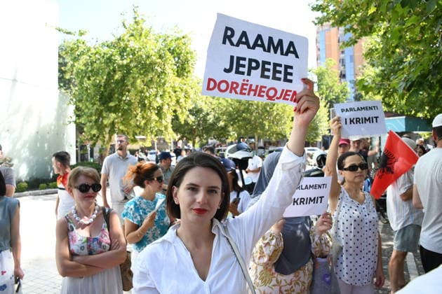Protesters rally outside parliament against tourism projects in Albania TIRANA, ALBANIA - JUNE 30: Protesters gather outside the parliament building during a demonstration against a planned tourism project in the Zvernec area of Vlora, as protests over the project continue for a month in Tirana, Albania, on June 30, 2026. Olsi Shehu Anadolu Tirana Albania. Editorial use only. Please get in touch for any other usage.  Copyright: x2026xAnadoluxOlsixShehux
