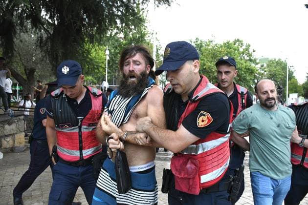 Protest held in front of Parliament building against tourism projects in Tirana TIRANA, ALBANIA - JUNE 30: Demonstrators gather in front of the Parliament building to protest against a planned tourism project in the Zvernec area of Vlora, in Tirana, Albania on June 30, 2026. Scuffles broke out between police and protestors during the demonstration, which has been ongoing for a month. Reinforcements arrived at the protest area to form a security cordon. Olsi Shehu Anadolu Tirana Albania. Editorial use only. Please get in touch for any other usage.  Copyright: x2026xAnadoluxOlsixShehux