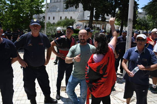 Protest held in front of Parliament building against tourism projects in Tirana TIRANA, ALBANIA - JUNE 30: Demonstrators gather in front of the Parliament building to protest against a planned tourism project in the Zvernec area of Vlora, in Tirana, Albania on June 30, 2026. Scuffles broke out between police and protestors during the demonstration, which has been ongoing for a month. Reinforcements arrived at the protest area to form a security cordon. Olsi Shehu Anadolu Tirana Albania. Editorial use only. Please get in touch for any other usage.  Copyright: x2026xAnadoluxOlsixShehux