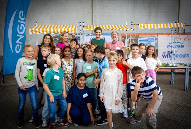30-06-2026 Lelystad Queen Maxima with children of the basisschool de Windroos attended the opening of the battery park at the Maxima power plant of energy company Engie, one of the most modern in Europe, recently converted to run on hydrogen as a supplementary fuel, and supplies electricity to nearly two million households in Lelystad. Â  Copyright: xPPEx