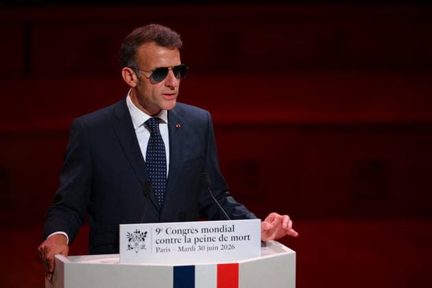 Macron Delivers A Speech During the World Congress Against the Death Penalty - Paris French President Emmanuel Macron delivers a speech during the World Congress Against the Death Penalty in Paris, on June 30, 2026. It was noted that the president was wearing sunglasses due to an eye condition. Photo by Eliot Blondet ABACAPRESS.COM Paris France  Copyright: xBlondetxEliot ABACAx