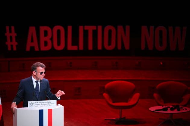 Macron Delivers A Speech During the World Congress Against the Death Penalty - Paris French President Emmanuel Macron delivers a speech during the World Congress Against the Death Penalty in Paris, on June 30, 2026. It was noted that the president was wearing sunglasses due to an eye condition. Photo by Eliot Blondet ABACAPRESS.COM Paris France  Copyright: xBlondetxEliot ABACAx