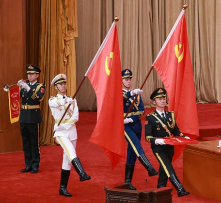 (260701) -- BEIJING, July 1, 2026 -- Honor guards escort the July 1 Medal into the Great Hall of the People in Beijing, capital of China, July 1, 2026. A gathering in celebration of the 105th founding anniversary of the Communist Party of China (CPC) was held at the Great Hall of the People on Wednesday morning in central Beijing. ) FOCUS China holds gathering marking 105th founding anniversary of CPC DingxLin 