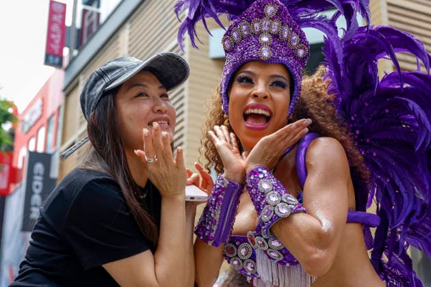 Dancers perform samba show summer festival in Seoul Dancers from Lotte World, a South Korean theme park, pose for photos with visitors after performing a samba show during a summer festival promotional event in the Myeongdong shopping district in Seoul, South Korea, on July 01, 2026. Seoul South Korea  Copyright: xMatrixxImagesx xJungxUi-Chelx
