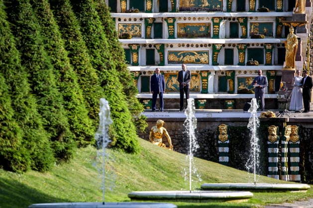 RUSSIA, ST PETERSBURG - JUNE 30, 2026: St Petersburg Governor Alexander Beglov (L) speaks during an annual ball held at the Peterhof State Museum Reserve for school leavers awarded gold medals for academic excellence. Peter Kovalev TASS  94535108