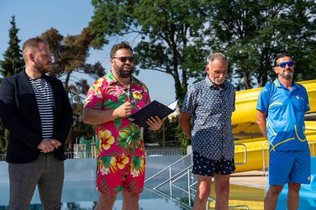 July 1, 2026, Breclav, South Moravia, Czech Republic: (L-R) A representative of the construction contractor, South Moravian Deputy Governor MAREK SOVKA, Breclav Deputy Mayor JAKUB MATUSKA, Breclav Mayor SVATOPLUK PECEK and A representative of Tereza Breclav DAVID BARTAL during the reopening ceremony of the municipal outdoor swimming pool in Breclav, Czech Republic, on July 1, 2026. The outdoor facility reopened after approximately 18 months of reconstruction as part of a CZK 530 million redevelopment project that also includes a new indoor swimming pool expected to open in early 2027. Breclav Czech Republic - ZUMAc315 20260701_zsp_c315_002 Copyright: xMichaelxCabalx