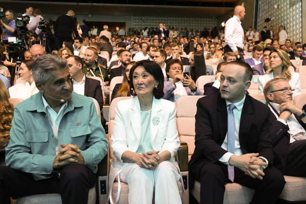 RUSSIA, MOSCOW - JULY 1, 2026: New People Party leader Alexei Nechayev, Deputy head of the New People Party faction in the Russian State Duma Sardana Avksentyeva and First deputy head of the New People Party faction in the Russian State Duma Vladislav Davankov (L-R) attend an election campaign convention of the New People Party at Lomonosov Cluster. The convention is held before the forthcoming 2026 Russian legislative election. Vladimir Gerdo TASS  94537758