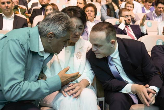 RUSSIA, MOSCOW - JULY 1, 2026: New People Party leader Alexei Nechayev, Deputy head of the New People Party faction in the Russian State Duma Sardana Avksentyeva and First deputy head of the New People Party faction in the Russian State Duma Vladislav Davankov (L-R) attend an election campaign convention of the New People Party at Lomonosov Cluster. The convention is held before the forthcoming 2026 Russian legislative election. Vladimir Gerdo TASS  94538312