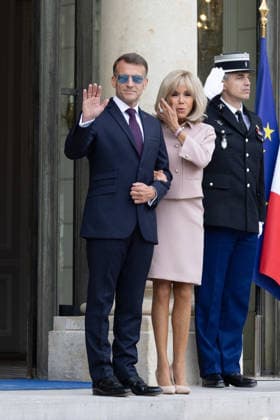 Grand Duke Guillaume and Grand Duchess Stephanie of Luxembourg received at Elysee French President Emmanuel Macron with sunglasses and his wife Brigitte Macron waiting arrival of Grand Duke Guillaume of Luxembourg and Grand Duchess Stephanie of Luxembourg before a meeting at Elysee Palace, Paris France on July 1 2026. Photo by Raphael Lafargue ABACAPRESS.COM Paris France  Copyright: xLafarguexRaphael ABACAx