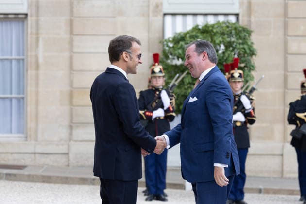 Grand Duke Guillaume and Grand Duchess Stephanie of Luxembourg received at Elysee French President Emmanuel Macron with sunglasses received Grand Duke Guillaume of Luxembourg as arriving before a meeting at Elysee Palace, Paris France on July 1 2026. Photo by Raphael Lafargue ABACAPRESS.COM Paris France  Copyright: xLafarguexRaphael ABACAx