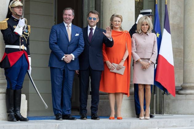 Grand Duke Guillaume and Grand Duchess Stephanie of Luxembourg received at Elysee Grand Duke Guillaume of Luxembourg, French President Emmanuel Macron with sunglasses, Grand Duchess Stephanie of Luxembourg and Brigitte Macron pictured at arrival before a meeting at Elysee Palace, Paris France on July 1 2026. Photo by Raphael Lafargue ABACAPRESS.COM Paris France  Copyright: xLafarguexRaphael ABACAx