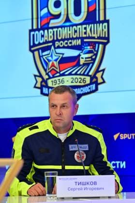 Press conference dedicated to the Day of the State Traffic Safety Inspectorate, celebrated annually on July 3. MMPC Russia Today, Moscow, July 1, 2026. Pictured: Sergey Tishkov, Senior Traffic Inspector of the 2nd Separate Specialized Traffic Police Battalion of the State Traffic Safety Inspectorate of the Main Directorate of the Ministry of Internal Affairs of Russia for Moscow. Photo: Pavel Kashaev. PavelxKashaev