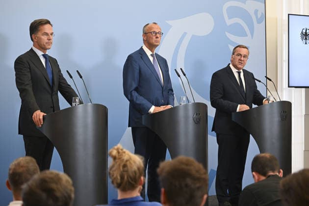 Merz, Rutte and Pistorius hold press conference in Berlin BERLIN, GERMANY - JULY 01: Following the meeting of the German cabinet at the Federal Ministry of Defence, German Chancellor Friedrich Merz (C), NATO Secretary General Mark Rutte (L), and German Defence Minister Boris Pistorius (R) hold a press conference in Berlin, Germany on July 01, 2026. Halil Sagirkaya Anadolu Berlin Germany. Editorial use only. Please get in touch for any other usage.  Copyright: x2026xAnadoluxHalilxSagirkayax