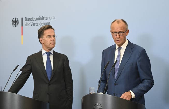 Merz, Rutte and Pistorius hold press conference in Berlin BERLIN, GERMANY - JULY 01: Following the meeting of the German cabinet at the Federal Ministry of Defence, German Chancellor Friedrich Merz (R), NATO Secretary General Mark Rutte (L), and German Defence Minister Boris Pistorius (not seen) hold a press conference in Berlin, Germany on July 01, 2026. Halil Sagirkaya Anadolu Berlin Germany. Editorial use only. Please get in touch for any other usage.  Copyright: x2026xAnadoluxHalilxSagirkayax