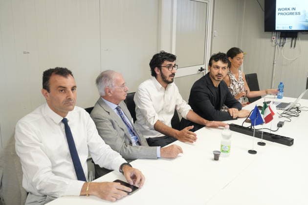 IPA86275177 - Milan, July 1, 2026: Press conference and site visit to assess the progress of construction on the Beic Library (European Library of Information and Culture) with Carmine Pacente, Massimo Maria Molla, Luca Castamagna, Tommaso Sacchi, and Marenza Galullo  Copyright: xDuilioxPiaggesix xDuilioxPiaggesix 86275177