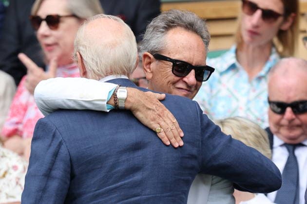 . 01 07 2026. London, United Kingdom. Richard E Grant and Charles Dance hug on third day of the Wimbledon Tennis Championships in London.  xStephenxLockx xi-Imagesx IIM-26874-0029